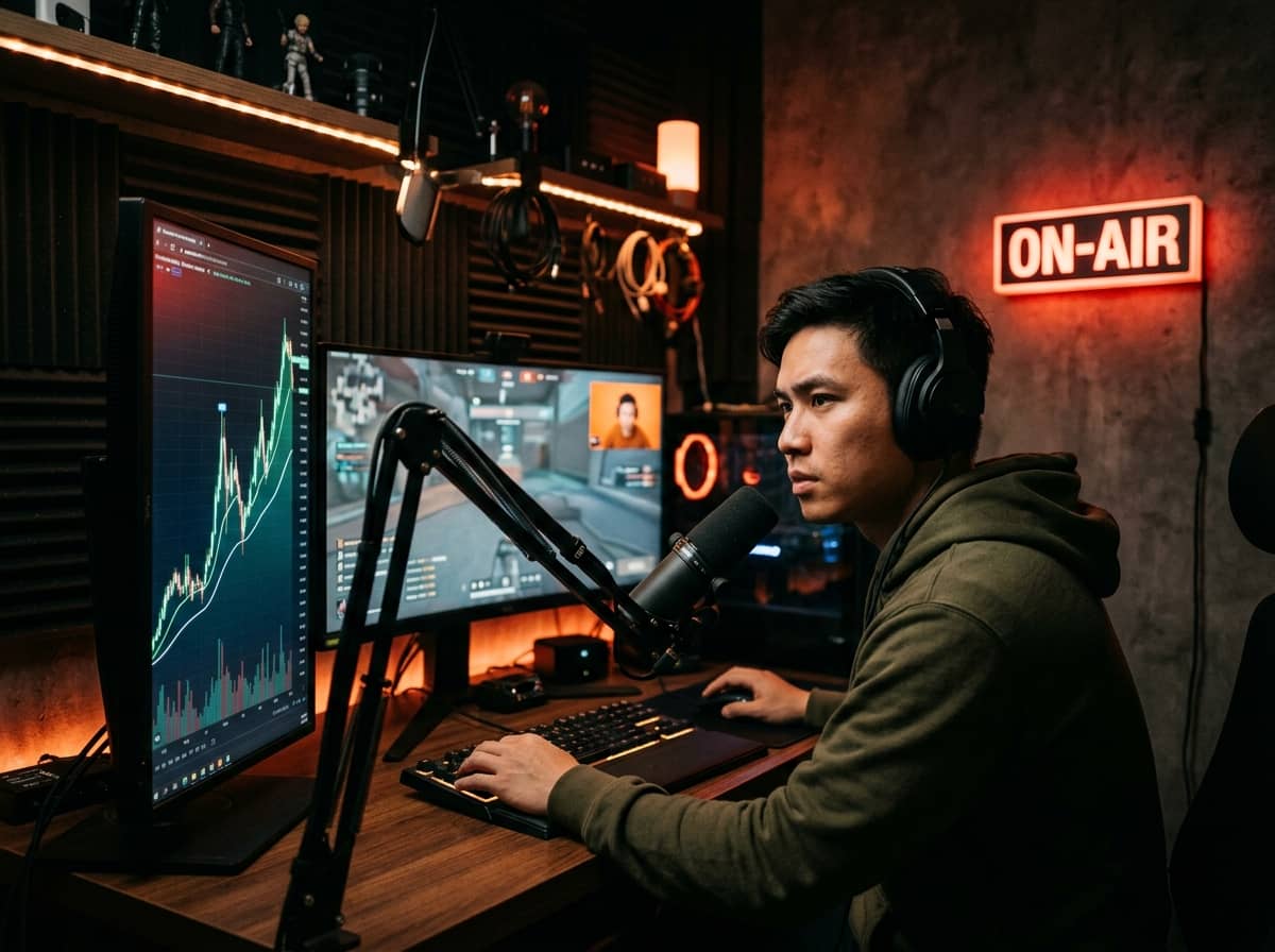 A streamer reading channel numbers in a home studio