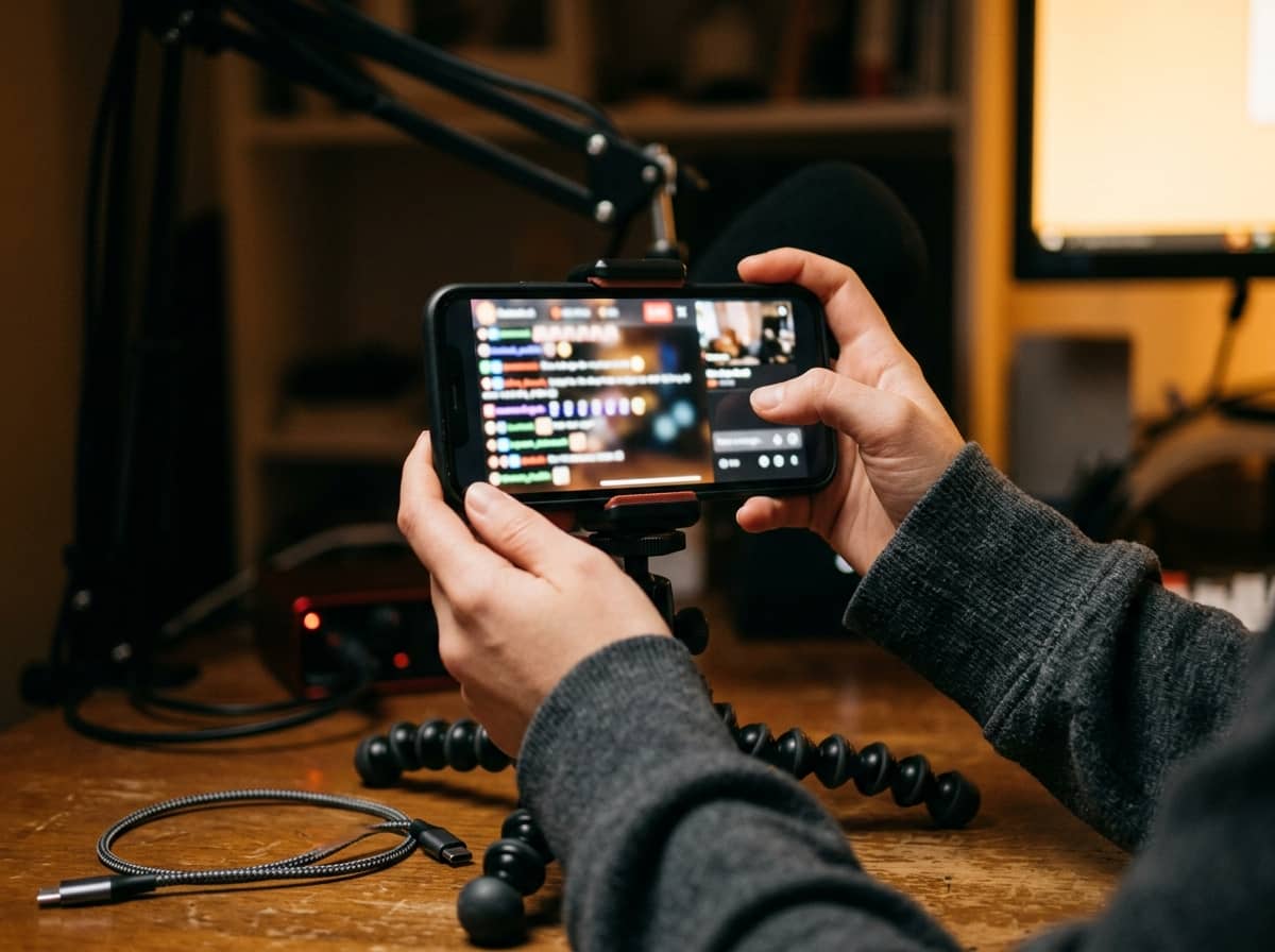 Hands holding a phone during a livestream with chat scrolling